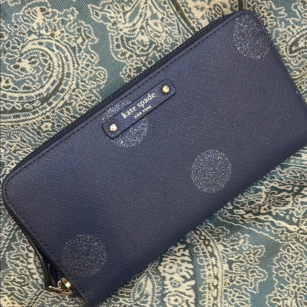 Kate Spade Midnight Blue Wallet with Glitter Polka Dot Accents